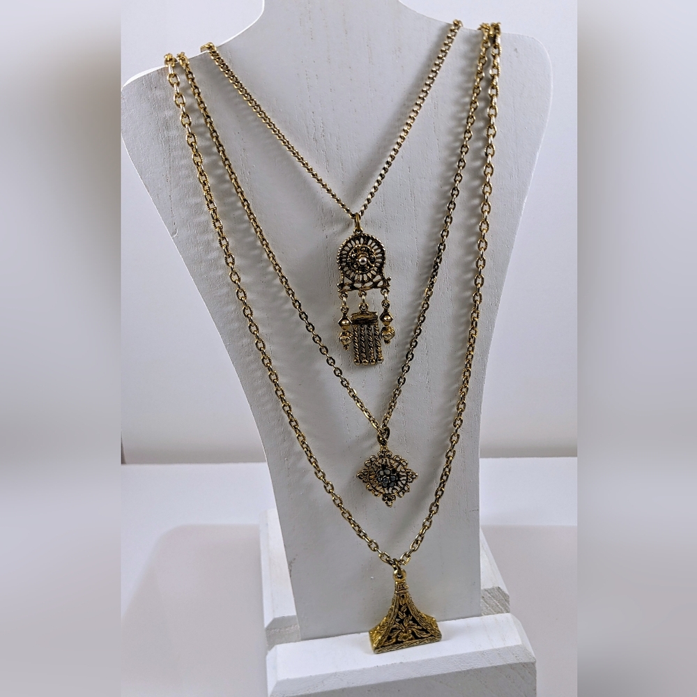 Vintage Goldtone Victorian Revival Triple Strand Necklace - Picture 3 of 9
